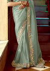 Pastel Sage Green Designer Tissue Silk Saree With Embroidery