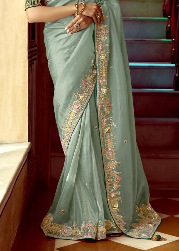 Pastel Sage Green Designer Tissue Silk Saree With Embroidery