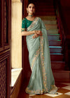 Pastel Sage Green Designer Tissue Silk Saree With Embroidery