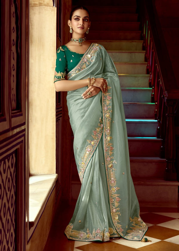 Pastel Sage Green Designer Tissue Silk Saree With Embroidery