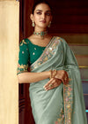Pastel Sage Green Designer Tissue Silk Saree With Embroidery