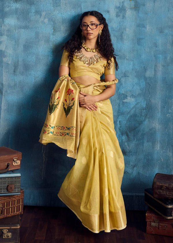 Pastel Yellow Paithani Tissue Silk Saree