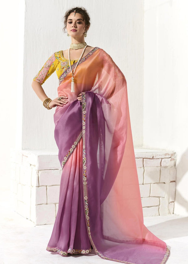 Peach and Purple Dual Tone Organza Tissue Silk Saree