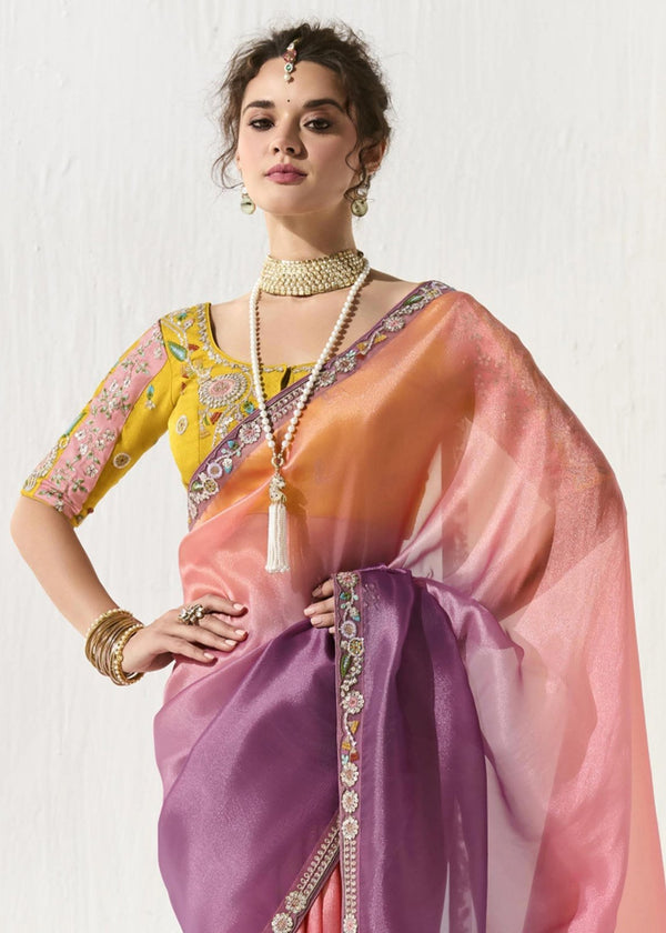 Peach and Purple Dual Tone Organza Tissue Silk Saree