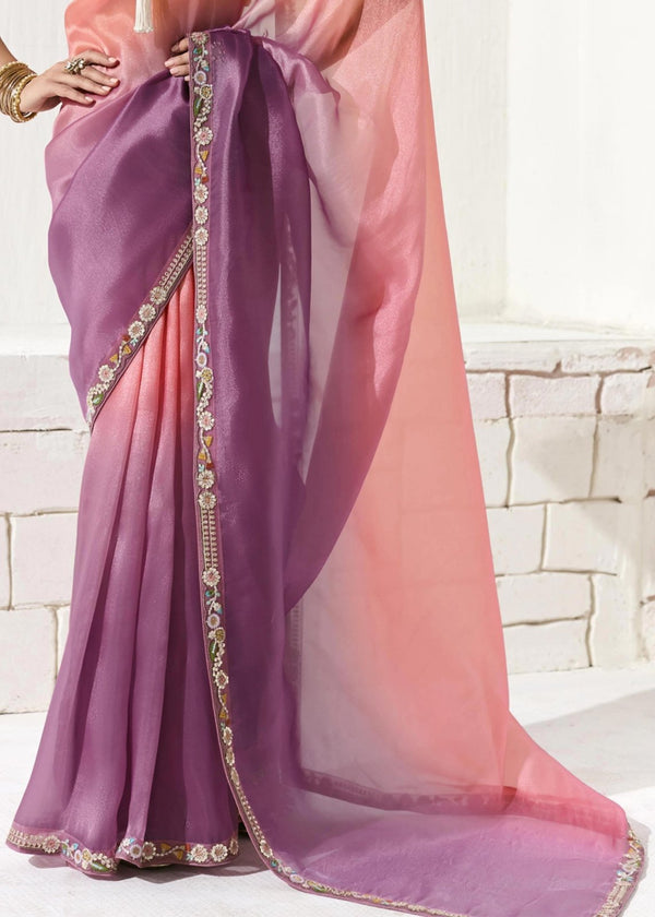 Peach and Purple Dual Tone Organza Tissue Silk Saree