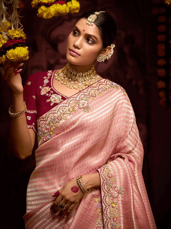 Peach Banarasi Designer Silk Saree With Contrast Blouse