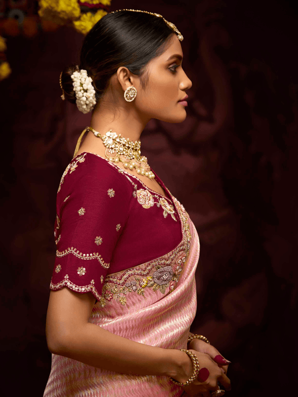 Peach Banarasi Designer Silk Saree With Contrast Blouse