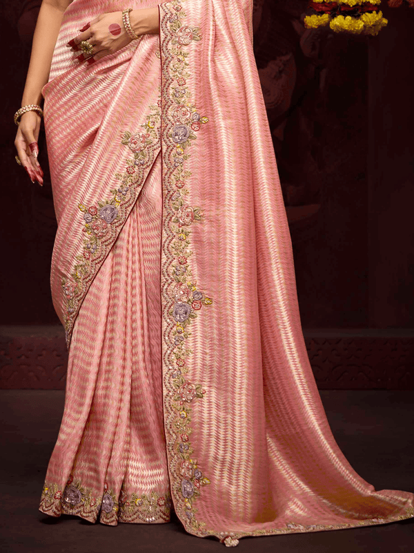 Peach Banarasi Designer Silk Saree With Contrast Blouse