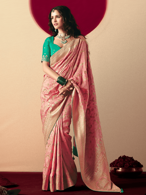 Peach Banarasi Silk Saree With Contrast Blouse