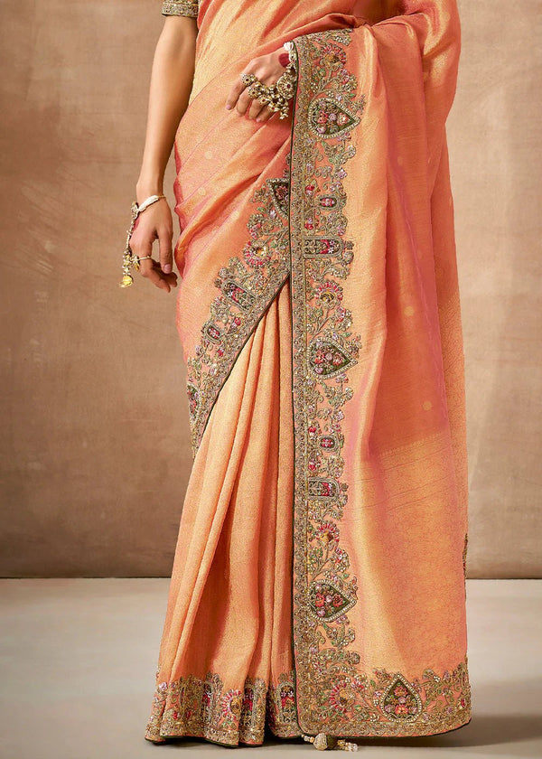 Peach Bridal Zari Woven Pure Tissue Dola Silk Saree