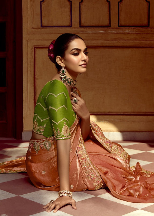 Peach Designer Tissue Silk Saree With Embroidery