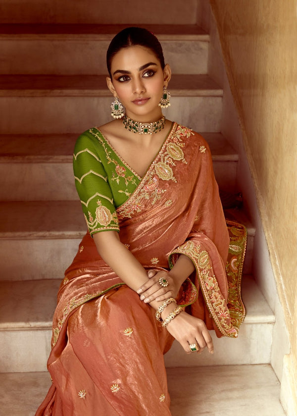Peach Designer Tissue Silk Saree With Embroidery
