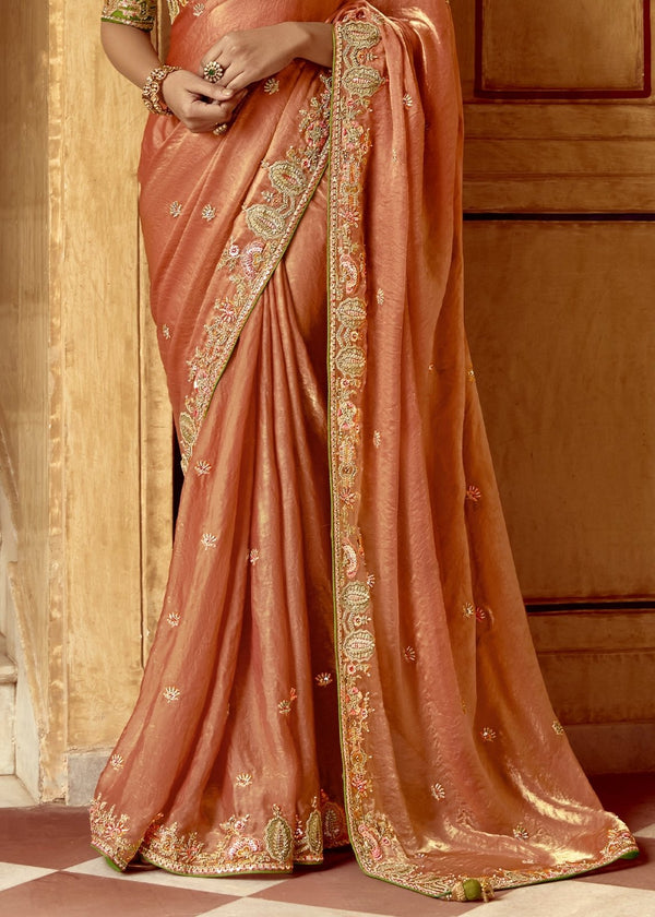 Peach Designer Tissue Silk Saree With Embroidery