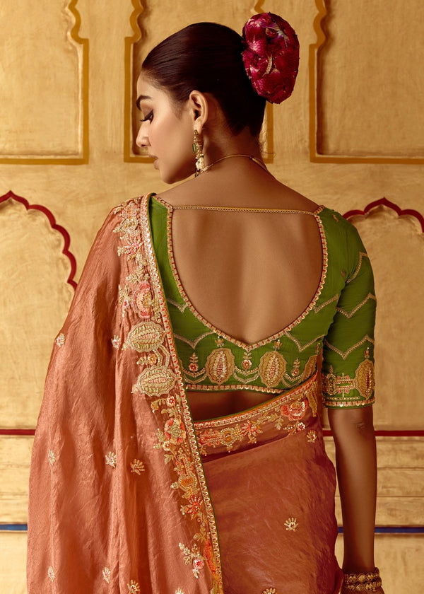 Peach Designer Tissue Silk Saree With Embroidery