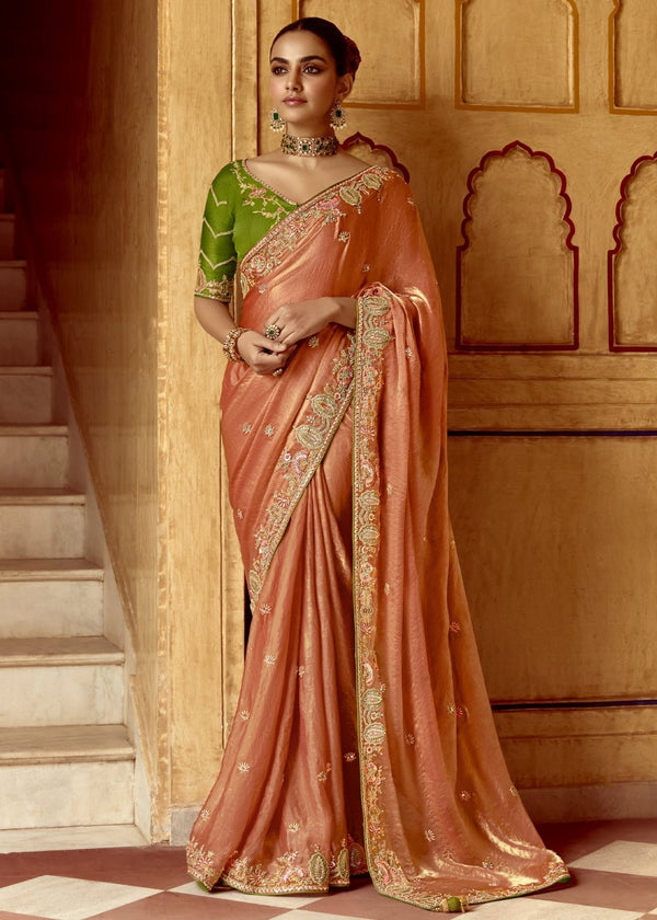 Peach Designer Tissue Silk Saree With Embroidery