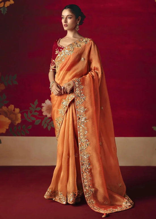 Peach Orange Designer Silk Saree with Contrast Blouse