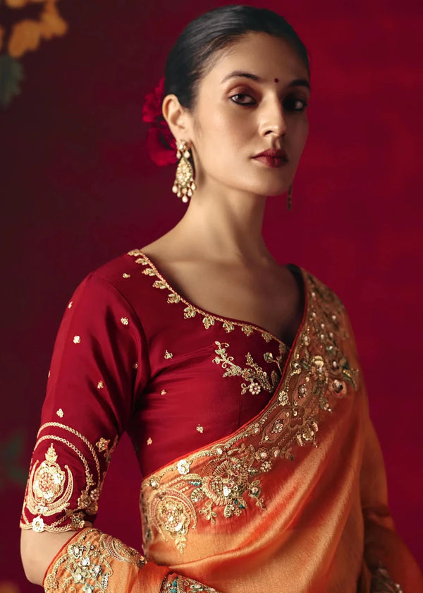 Peach Orange Designer Silk Saree with Contrast Blouse