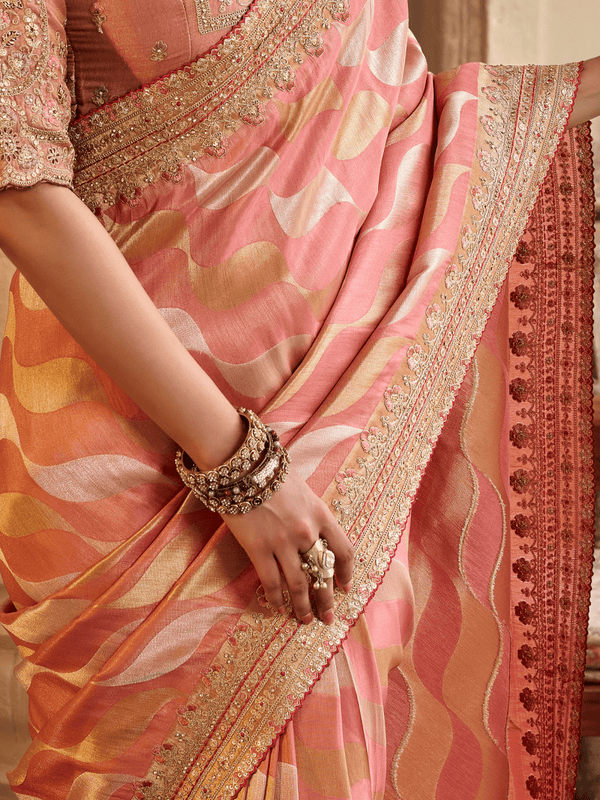Peach Orange Embroidered Designer Tissue Silk Saree