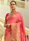Peach Pink Banarasi Silk Saree With Contrast Blouse