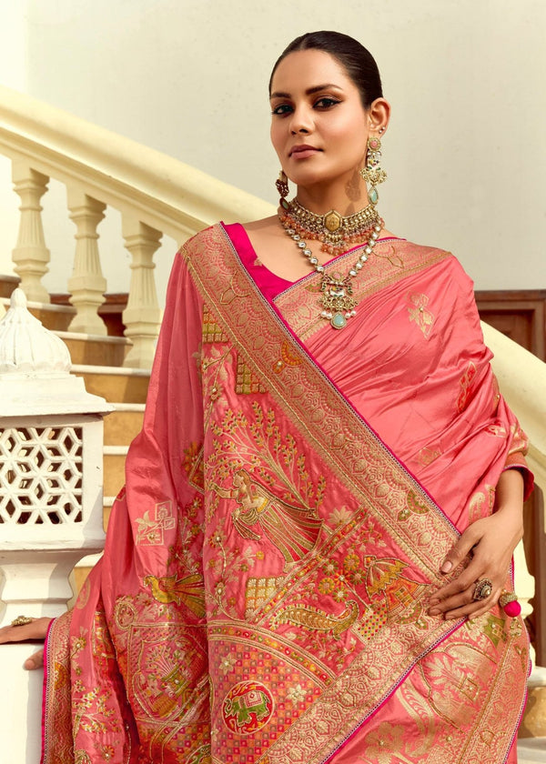 Peach Pink Banarasi Silk Saree With Contrast Blouse