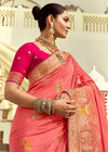 Peach Pink Banarasi Silk Saree With Contrast Blouse