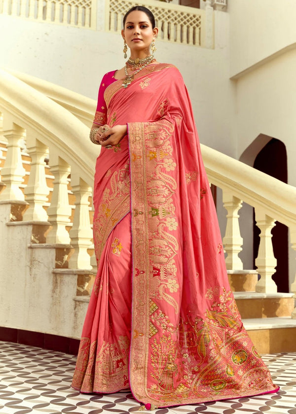 Peach Pink Banarasi Silk Saree With Contrast Blouse
