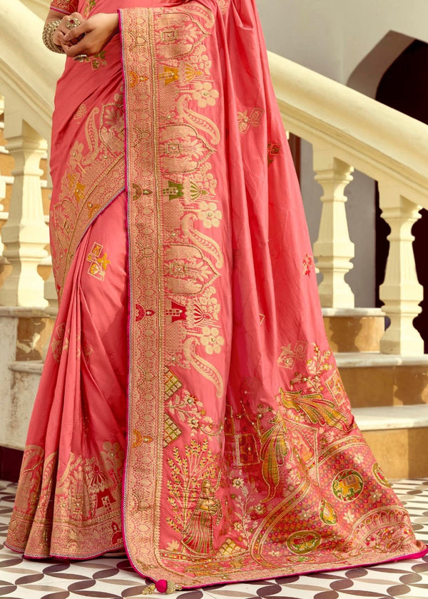Peach Pink Banarasi Silk Saree With Contrast Blouse