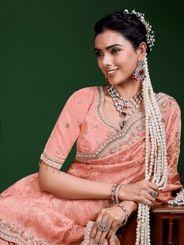 Peach Pink Banarasi Tissue Silk Saree