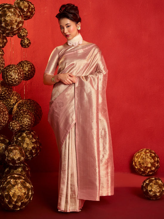 Peach Pink Banarasi Tissue Silk Saree