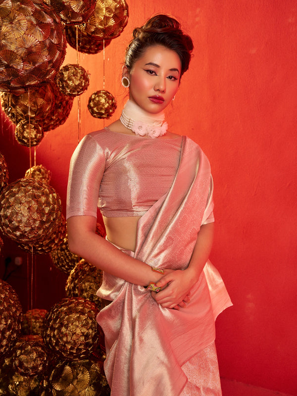 Peach Pink Banarasi Tissue Silk Saree – blouse close-up