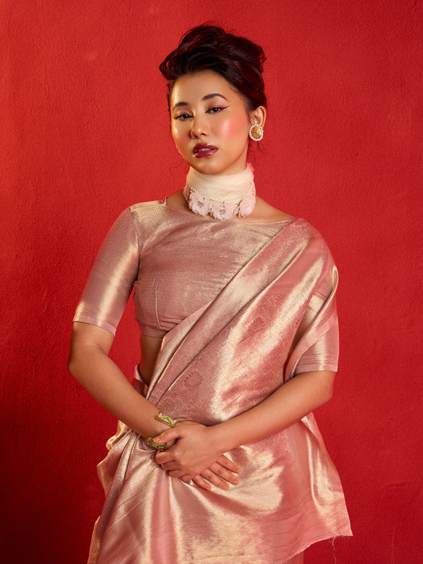 Peach Pink Banarasi Tissue Silk Saree – pallu and blouse