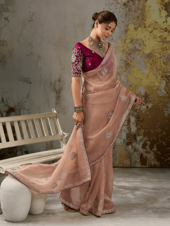 Peach Pink Embroidered Designer Organza Silk Saree