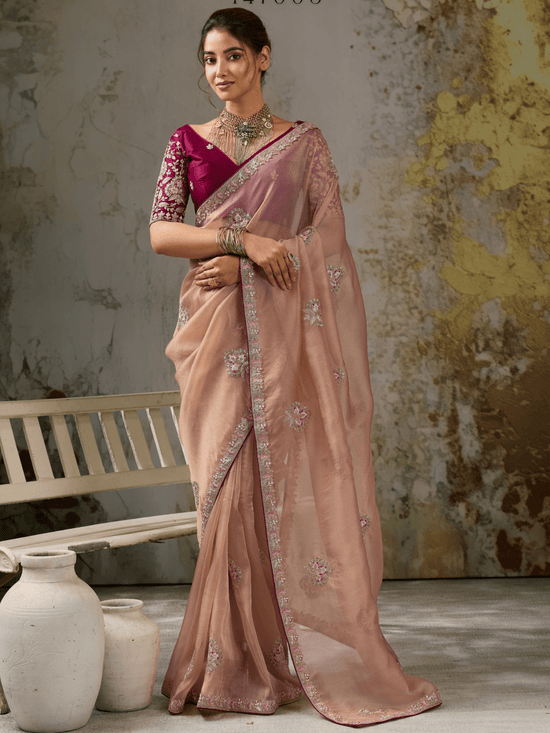 Peach Pink Embroidered Designer Organza Silk Saree