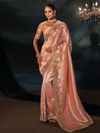 Peach Pink Embroidered Designer Tissue Silk Saree