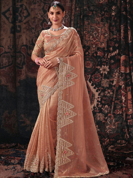 Peach Pink Embroidered Designer Tissue Silk Saree