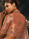 Peach Pink Embroidered Designer Tissue Silk Saree
