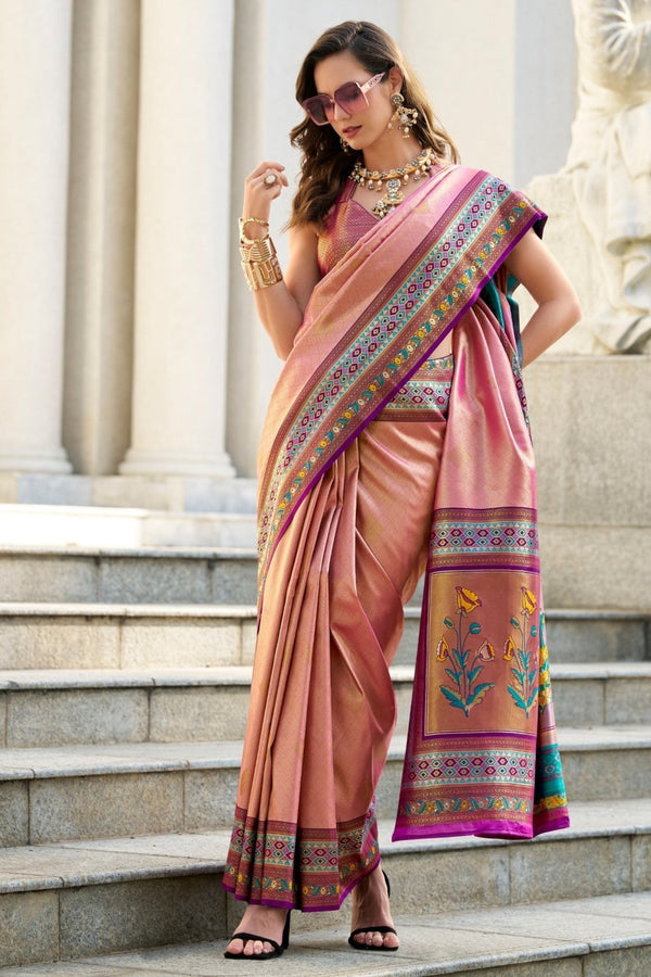 Peach Pink Tissue Silk Saree