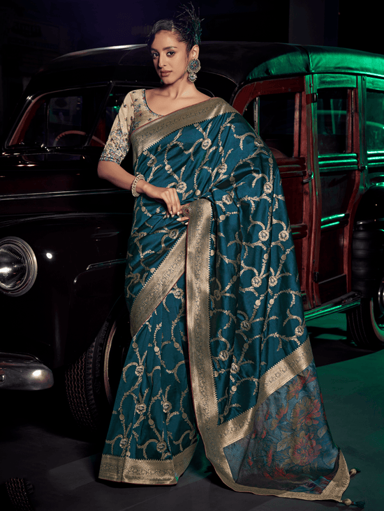 Peacock Blue Banarasi Satin Silk Saree With Contrast Blouse