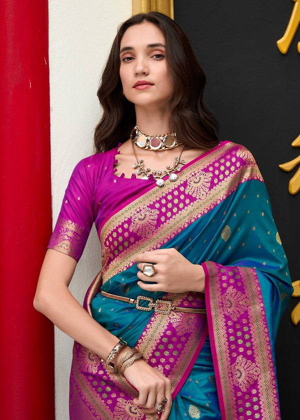 Peacock Blue Banarasi Silk Saree With Contrast Blouse