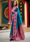 Peacock Blue Banarasi Silk Saree With Contrast Blouse