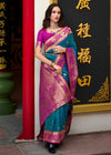 Peacock Blue Banarasi Silk Saree With Contrast Blouse