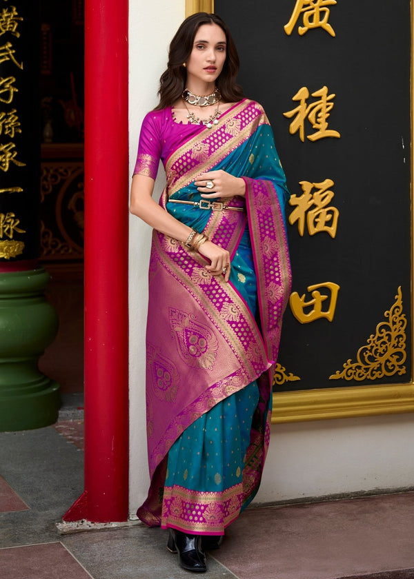 Peacock Blue Banarasi Silk Saree With Contrast Blouse