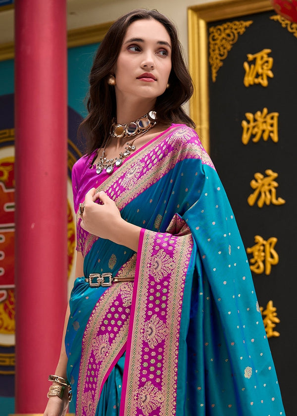 Peacock Blue Banarasi Silk Saree With Contrast Blouse