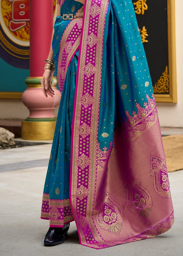 Peacock Blue Banarasi Silk Saree With Contrast Blouse