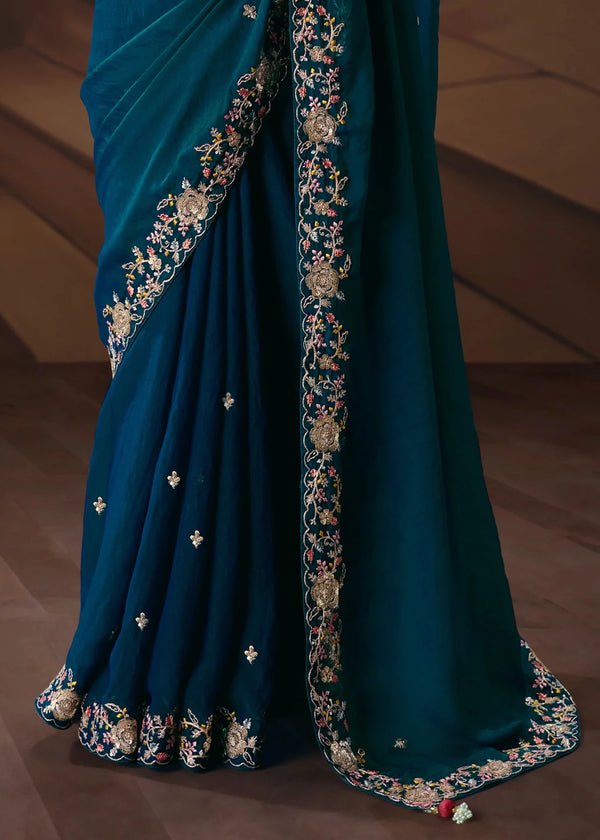 Peacock Blue Georgette Silk Saree with Red Contrast Blouse