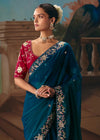 Peacock Blue Georgette Silk Saree with Red Contrast Blouse