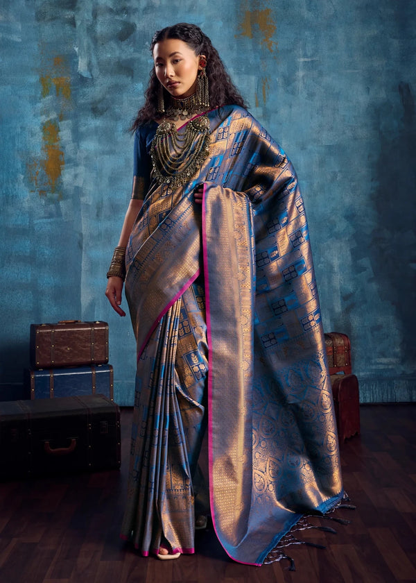 Peacock Blue Kanjivaram Silk Saree