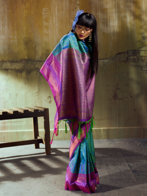 Peacock Blue Kanjivaram Silk Saree With Contrast Blouse