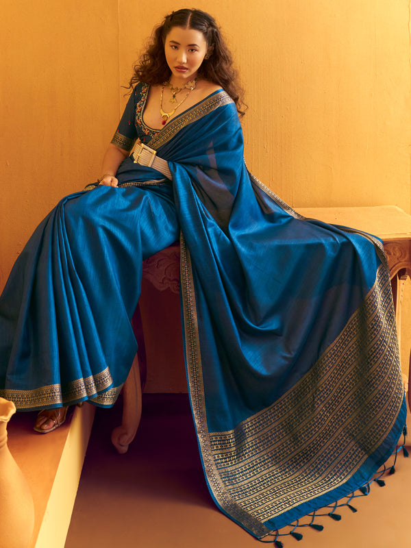 Peacock Blue Woven Designer Tussar Silk Saree