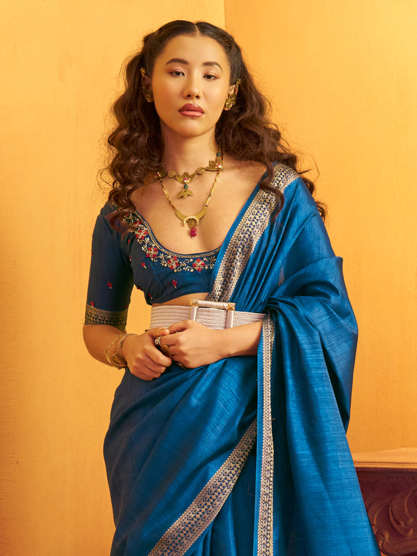 Peacock Blue Woven Designer Tussar Silk Saree, pallu and blouse